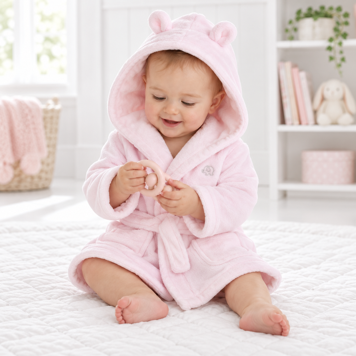 Baby wearing a pale pink hooded dressing gown with bear ears and small elephant embroidery