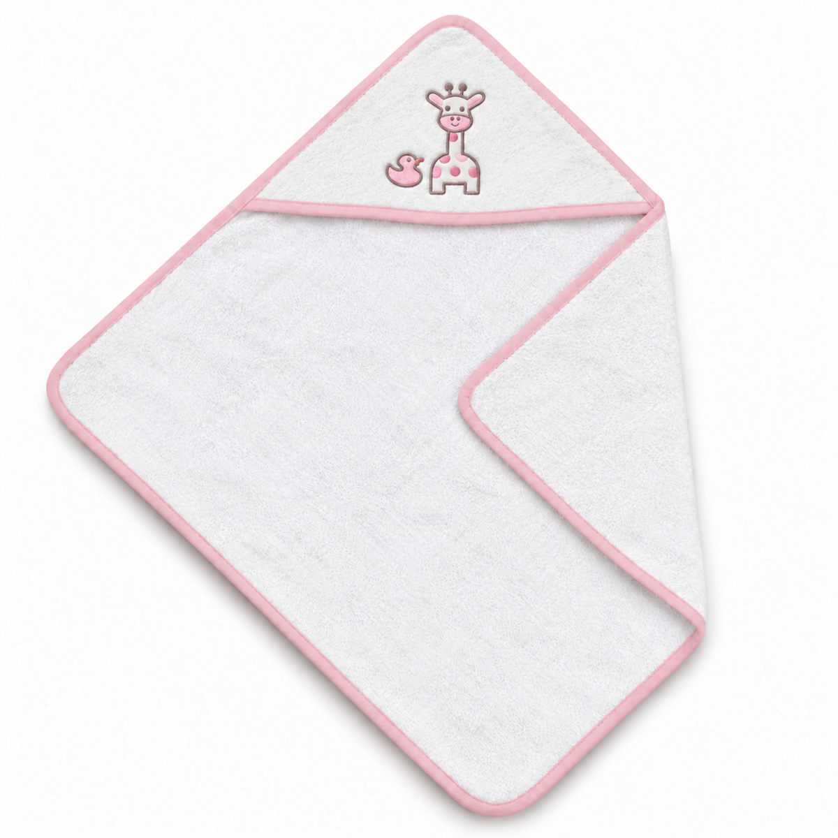 White cotton hooded baby bath towel with pink edging and embroidered giraffe and duck design, shown laid flat.