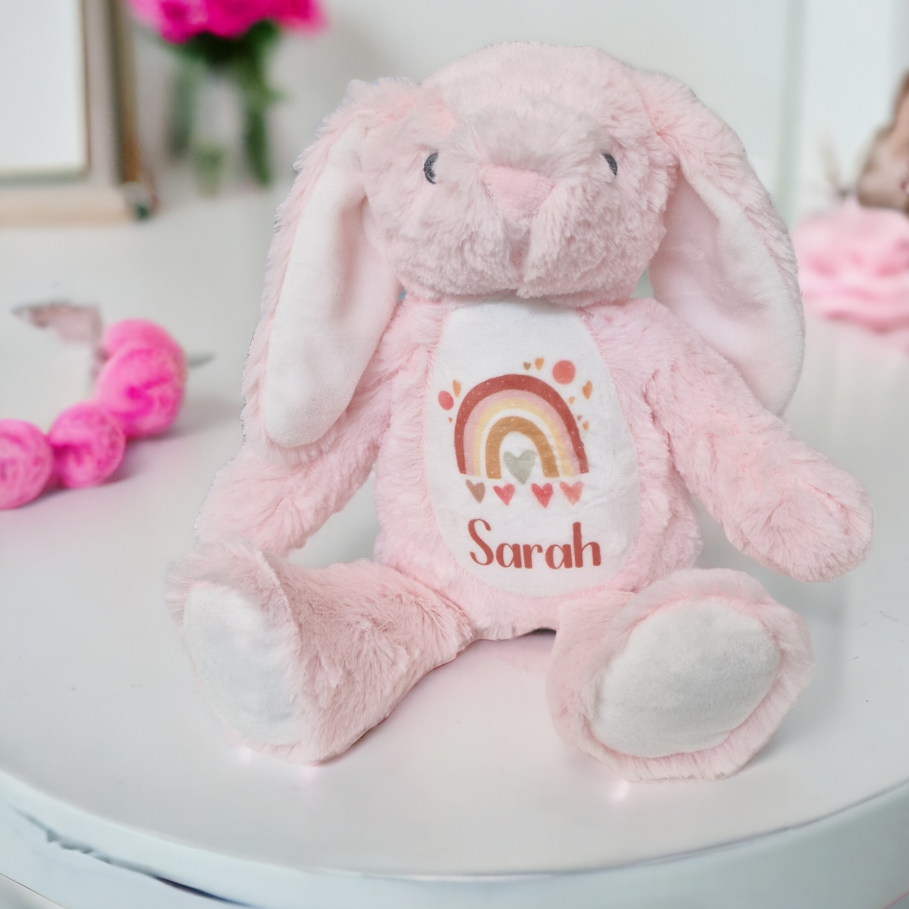 Pink personalised plush floppy bunny with rainbow – personalised baby toy and newborn gift from Ema and Boo