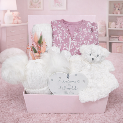 rosebud bear baby girl hamper gift with organic cotton romper cellular blanket booties and bear comforter