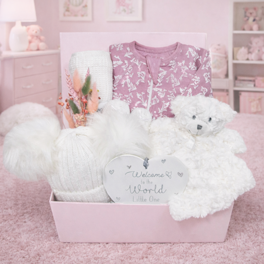 rosebud bear baby girl hamper gift with organic cotton romper cellular blanket booties and bear comforter