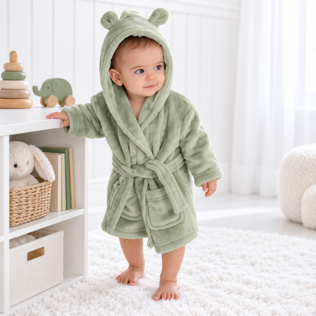 Baby wearing a sage green hooded bathrobe with bear ears and matching waist tie
