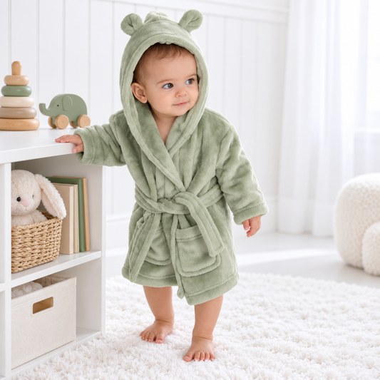 Baby wearing a sage green hooded bathrobe with bear ears and matching waist tie