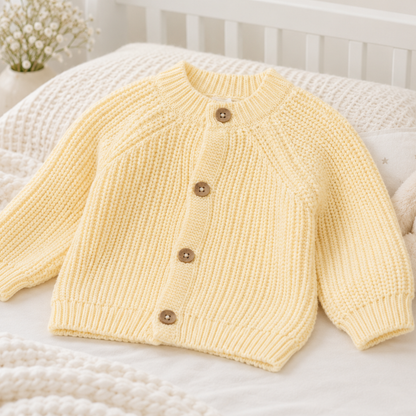 soft yellow knitted baby cardigan flat lay for spring baby girl gift hamper by Ema and Boo