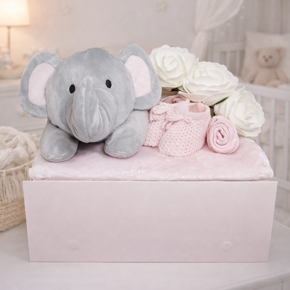 sweet elephant baby girl hamper gift with plush elephant toy pink blanket and knitted baby booties