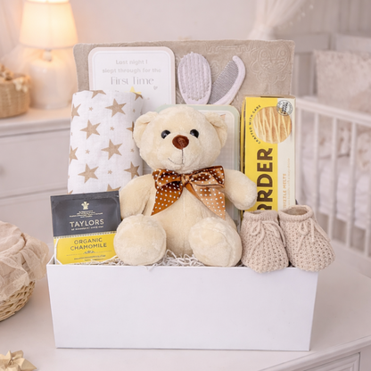 baby shower hamper gift box with teddy bear baby blanket muslin booties and mum relaxation treats