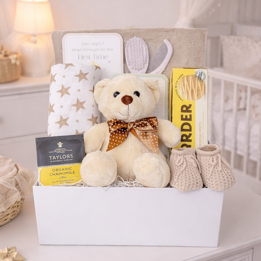 baby shower hamper gift box with teddy bear baby blanket muslin booties and mum relaxation treats