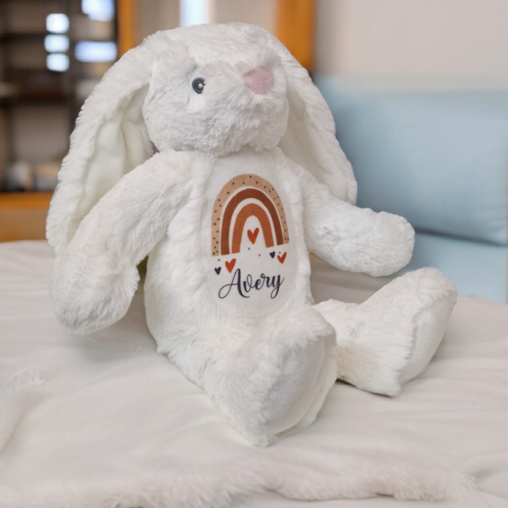 White personalised plush floppy bunny – personalised baby toy and newborn gift from Ema and Boo