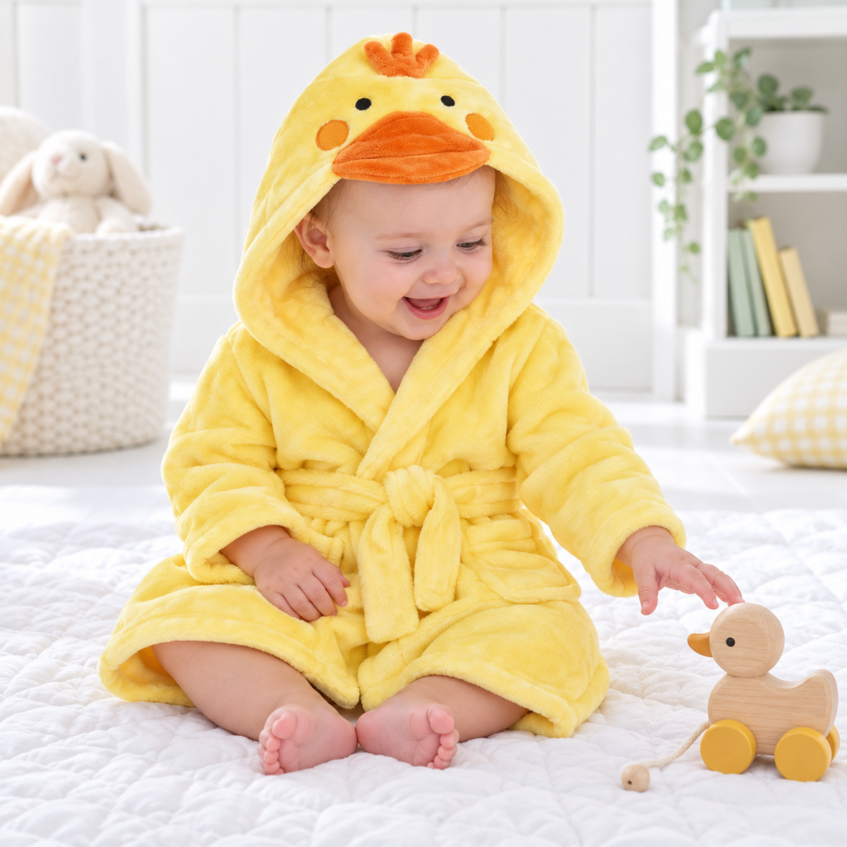 Baby wearing a bright yellow duck hooded bathrobe with orange beak and soft plush fabric