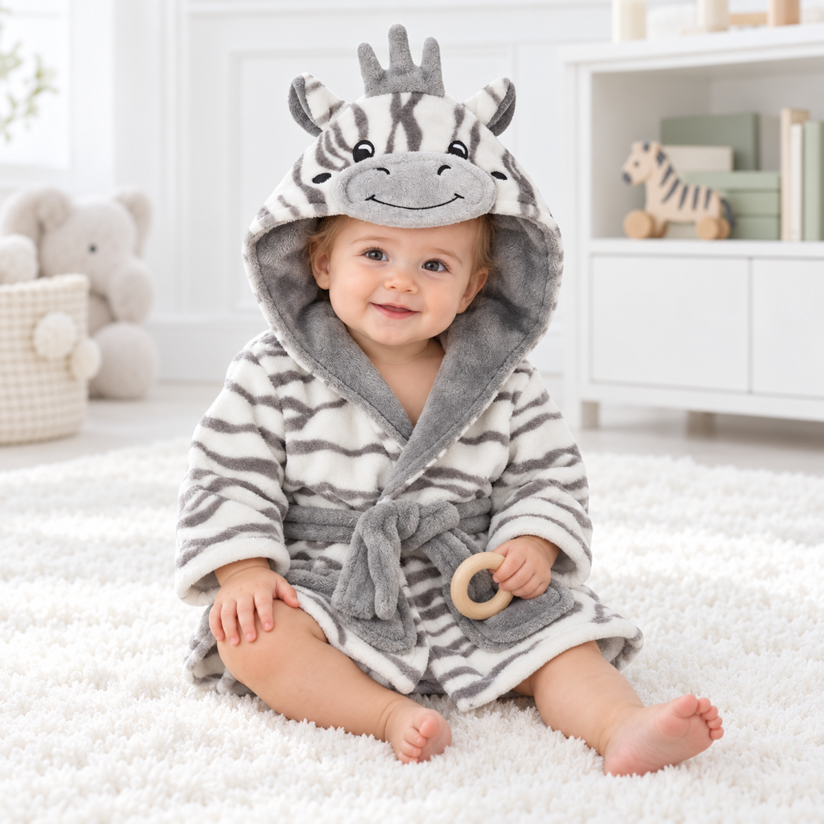 Smiling baby wearing a grey and white zebra baby bathrobe with animal hood and tie belt