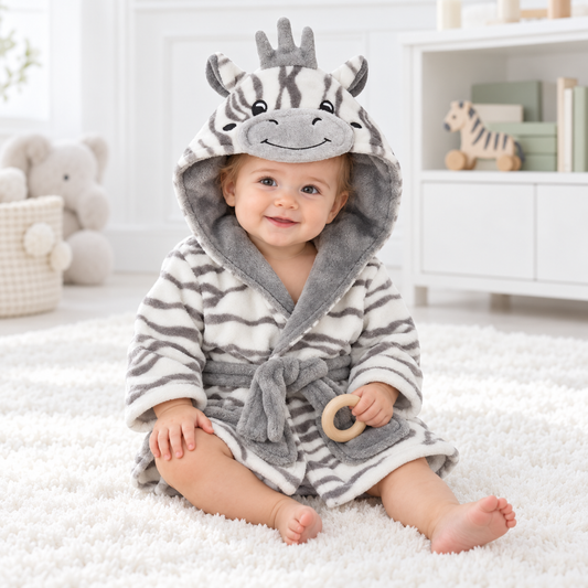Smiling baby wearing a grey and white zebra baby bathrobe with animal hood and tie belt