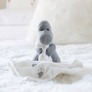 Knitted Grey Diplodocus Dinosaur Toy With Comforter