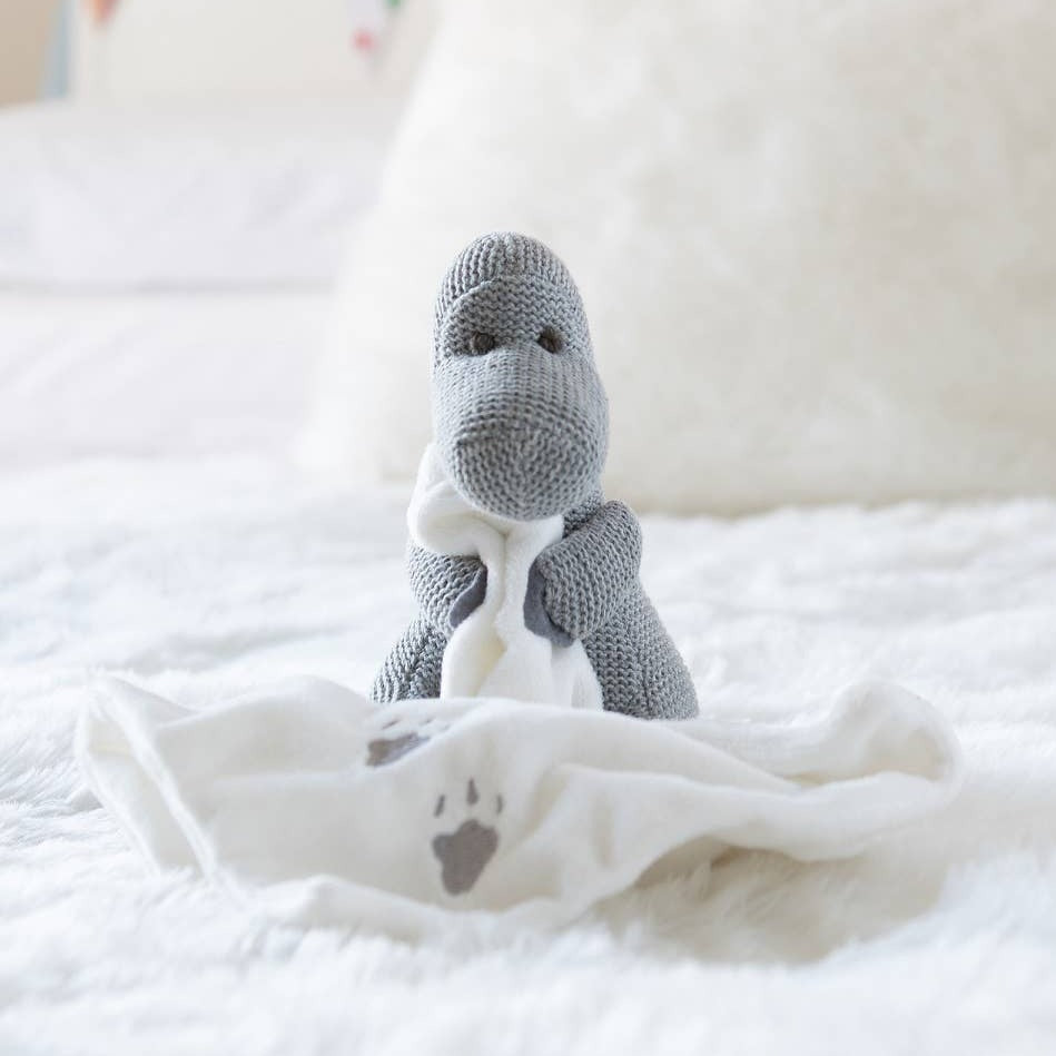 Knitted Grey Diplodocus Dinosaur Toy With Comforter