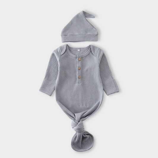 Blue Waffle Knot Baby Boy Gown Hat Set