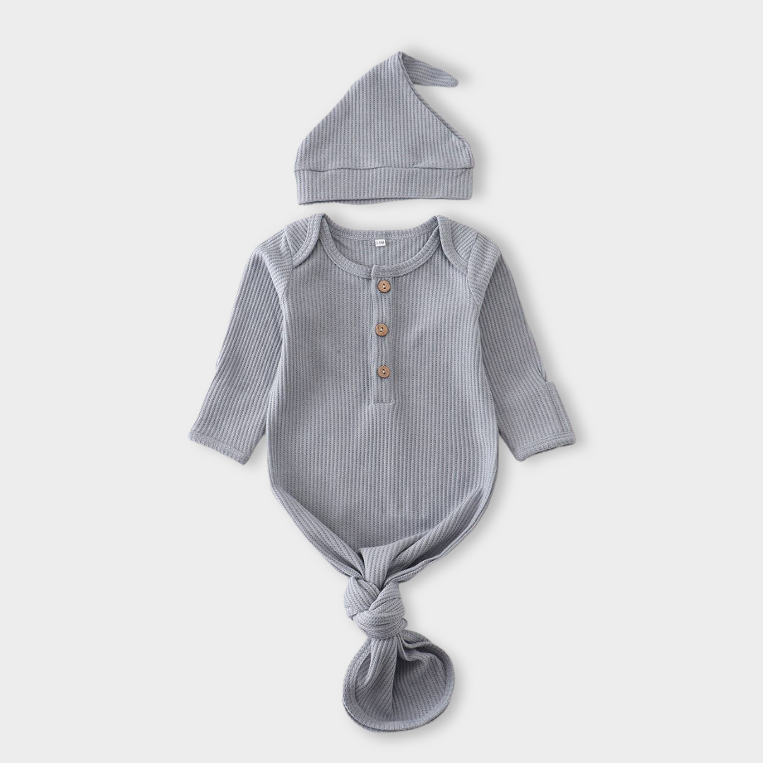 Blue Waffle Knot Baby Boy Gown Hat Set