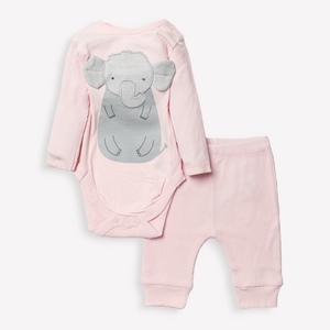 Elephant Ribbed Bodysuit and Pants Set - Pink