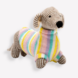 Knitted Sausage Dog Baby Rattle in Pastel Jumper
