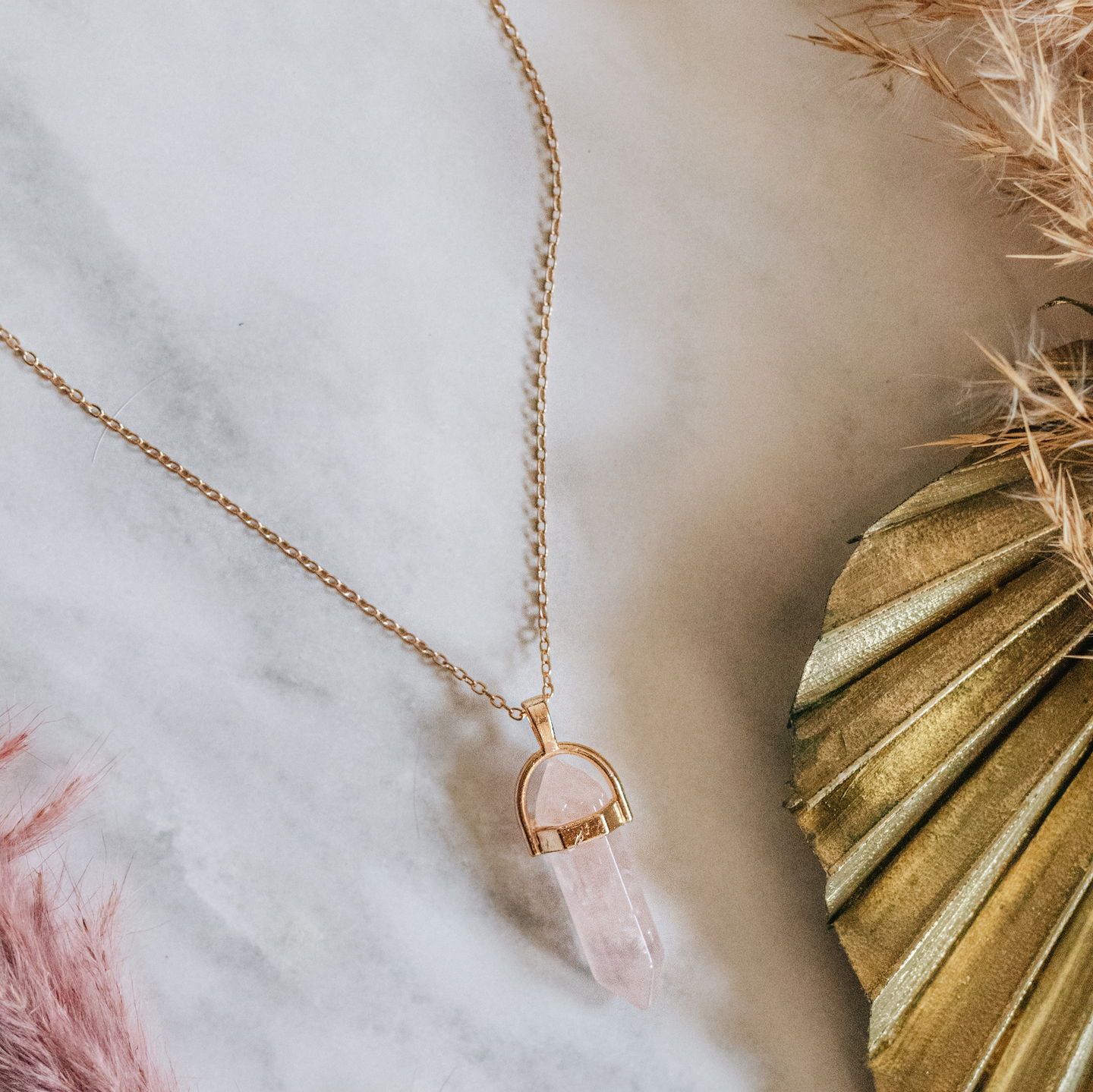 Gold Tone & Rose Quartz Crystal Point Necklace