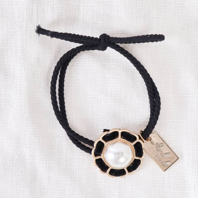 Black & Matte Gold Pearl Floret Detail Rope Hair Tie