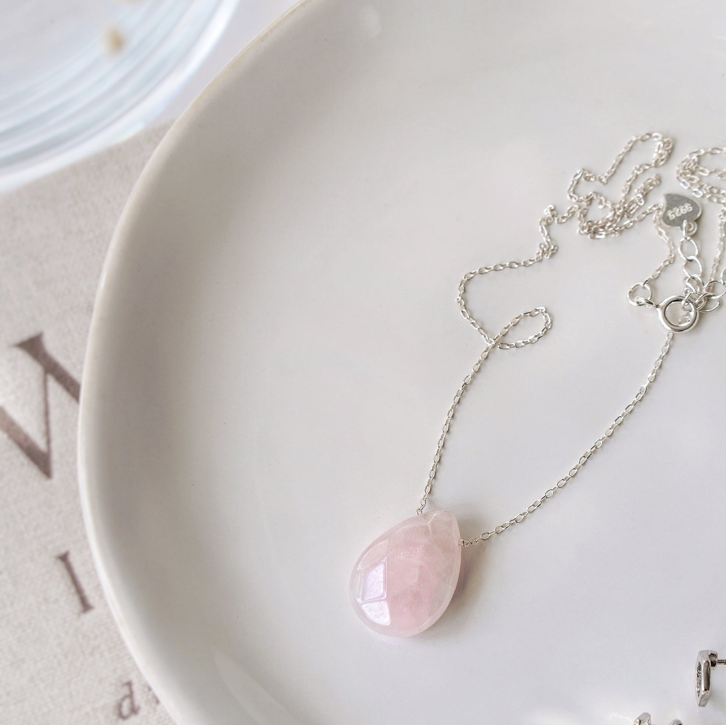 925 Sterling Silver & Rose Quartz Rain Drop Delicate Necklace